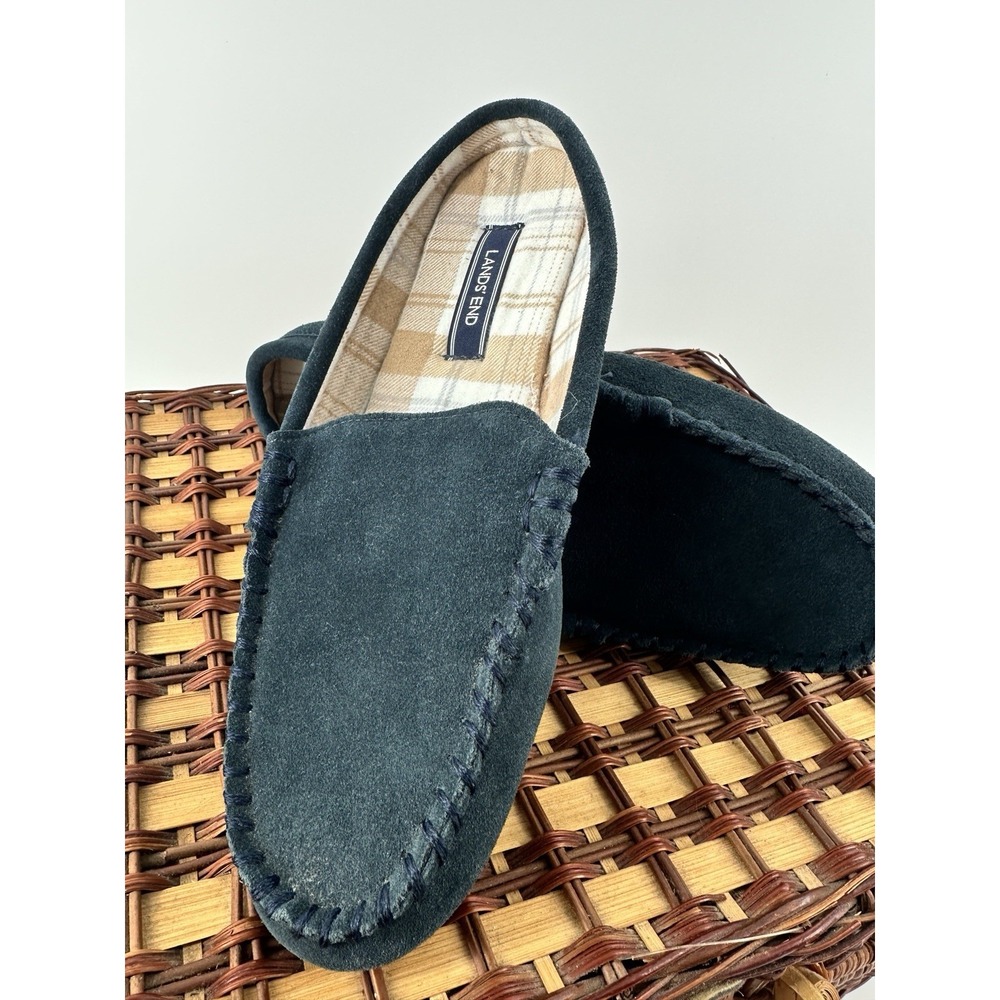 Lands End Blue Suede Slipper Moccasins Women's 9 Soft Plaid Flannel Lining EUC